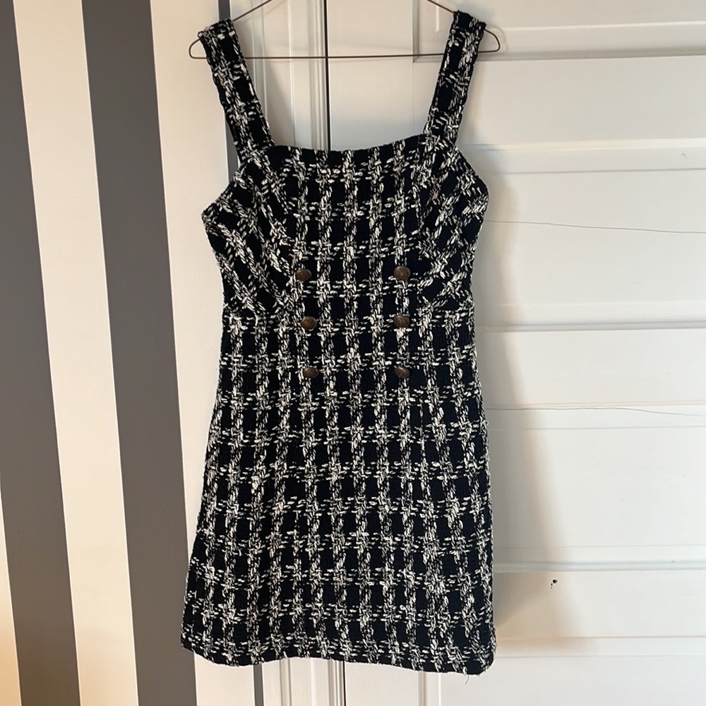 Plaid woven dress with brass buttons & pockets